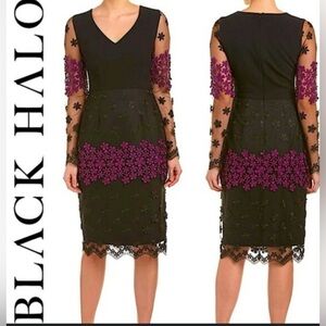 EUC Black Halo Long Sleeve Floral Lace Dress with Floral Appliqués